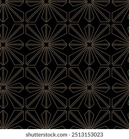 Abstract geometric pattern with crosses, stripes, lines. Seamless vector background. Black and gold ornament. Modern reticulated graphic design.