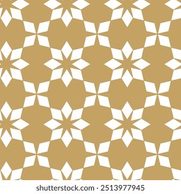 Abstraktes geometrisches Muster mit Kreuzen, Streifen, Linien. Nahtloser Vektorhintergrund. Weiße und goldene Ornamente. Modernes vernetztes Grafikdesign.