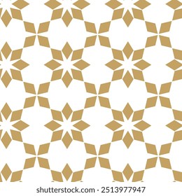 Abstraktes geometrisches Muster mit Kreuzen, Streifen, Linien. Nahtloser Vektorhintergrund. Weiße und goldene Ornamente. Modernes vernetztes Grafikdesign.