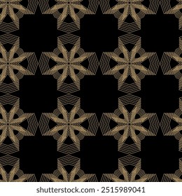 Abstraktes geometrisches Muster mit Kreuzen, Streifen, Linien. Nahtloser Vektorhintergrund. Schwarz-goldene Ornamente. Modernes vernetztes Grafikdesign.