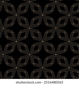 Abstract geometric pattern with crosses, stripes, lines. Seamless vector background. Black and gold ornament. Modern reticulated graphic design.
