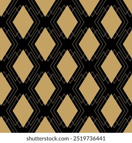 Abstraktes geometrisches Muster mit Kreuzen, Streifen, Linien. Nahtloser Vektorhintergrund. Schwarz-goldene Ornamente. Modernes vernetztes Grafikdesign.