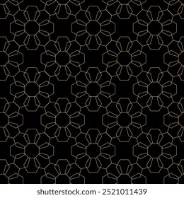 Padrão geométrico abstrato com cruzes, listras, linhas. Plano de fundo de vetor contínuo. Ornamento preto e dourado. Design gráfico reticulado moderno.