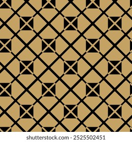 Padrão geométrico abstrato com cruzes, listras, linhas. Plano de fundo de vetor contínuo. Ornamento preto e dourado. Design gráfico reticulado moderno.