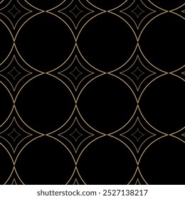 Abstract geometric pattern with crosses, stripes, lines. Seamless vector background. Black and gold ornament. Modern reticulated graphic design.