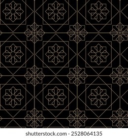 Padrão geométrico abstrato com cruzes, listras, linhas. Plano de fundo de vetor contínuo. Ornamento preto e dourado. Design gráfico reticulado moderno.