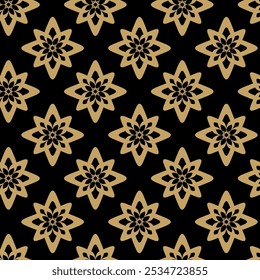 Patrón geométrico Abstractas con cruces, rayas, líneas. Fondo de Vector sin fisuras. Adorno negro y dorado. Diseño gráfico reticulado moderno.