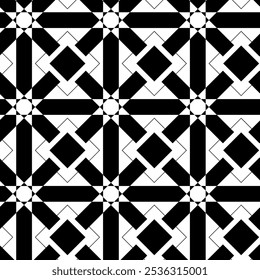 Abstract geometric pattern with crosses, stripes, lines. Seamless vector background. White and black ornament. Modern reticulated graphic design.