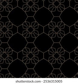 Abstraktes geometrisches Muster mit Kreuzen, Streifen, Linien. Nahtloser Vektorhintergrund. Schwarz-goldene Ornamente. Modernes vernetztes Grafikdesign.