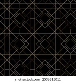 Abstract geometric pattern with crosses, stripes, lines. Seamless vector background. Black and gold ornament. Modern reticulated graphic design.