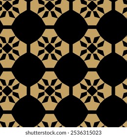 Abstract geometric pattern with crosses, stripes, lines. Seamless vector background. Black and gold ornament. Modern reticulated graphic design.