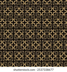 Abstraktes geometrisches Muster mit Kreuzen, Streifen, Linien. Nahtloser Vektorhintergrund. Schwarz-goldene Ornamente. Modernes vernetztes Grafikdesign.