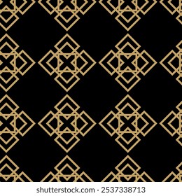 Abstract geometric pattern with crosses, stripes, lines. Seamless vector background. Black and gold ornament. Modern reticulated graphic design.