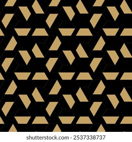 Abstract geometric pattern with crosses, stripes, lines. Seamless vector background. Black and gold ornament. Modern reticulated graphic design.