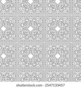 Padrão geométrico abstrato com cruzes, listras, linhas. Plano de fundo de vetor contínuo. Ornamento branco e preto. Design gráfico reticulado moderno.