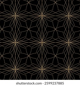 Abstract geometric pattern with crosses, stripes, lines. Seamless vector background. Black and gold ornament. Modern reticulated graphic design.