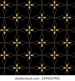 Abstract geometric pattern with crosses, stripes, lines. Seamless vector background. Black and gold ornament. Modern reticulated graphic design.