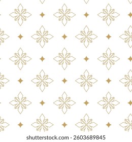 Abstract geometric pattern with crosses, stripes, lines. Seamless vector background. White and gold ornament. Modern reticulated graphic design.
