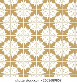 Abstract geometric pattern with crosses, stripes, lines. Seamless vector background. White and gold ornament. Modern reticulated graphic design.