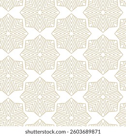 Abstract geometric pattern with crosses, stripes, lines. Seamless vector background. White and gold ornament. Modern reticulated graphic design.