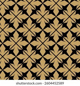 Abstract geometric pattern with crosses, stripes, lines. Seamless vector background. Black and gold ornament. Modern reticulated graphic design.