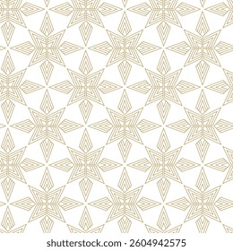 Abstract geometric pattern with crosses, stripes, lines. Seamless vector background. White and gold ornament. Modern reticulated graphic design.