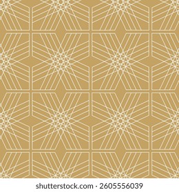 Abstract geometric pattern with crosses, stripes, lines. Seamless vector background. White and gold ornament. Modern reticulated graphic design.