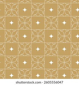 Abstract geometric pattern with crosses, stripes, lines. Seamless vector background. White and gold ornament. Modern reticulated graphic design.