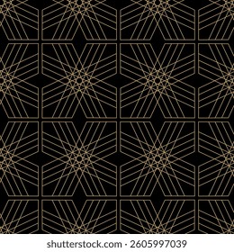 Abstract geometric pattern with crosses, stripes, lines. Seamless vector background. Black and gold ornament. Modern reticulated graphic design.