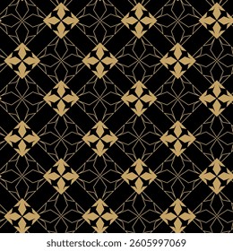 Abstract geometric pattern with crosses, stripes, lines. Seamless vector background. Black and gold ornament. Modern reticulated graphic design.