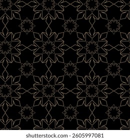 Abstract geometric pattern with crosses, stripes, lines. Seamless vector background. Black and gold ornament. Modern reticulated graphic design.