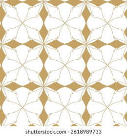 Abstract geometric pattern with crosses, stripes, lines. Seamless vector background. White and gold ornament. Modern reticulated graphic design.