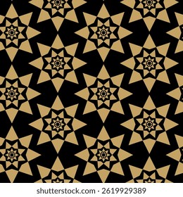 Abstract geometric pattern with crosses, stripes, lines. Seamless vector background. Black and gold ornament. Modern reticulated graphic design.