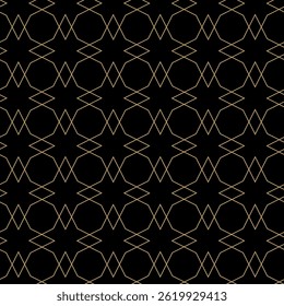 Abstract geometric pattern with crosses, stripes, lines. Seamless vector background. Black and gold ornament. Modern reticulated graphic design.