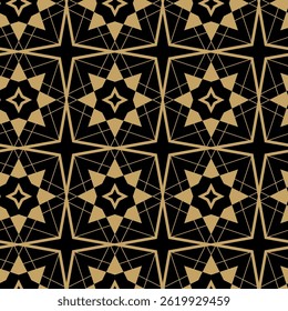 Abstract geometric pattern with crosses, stripes, lines. Seamless vector background. Black and gold ornament. Modern reticulated graphic design.