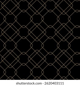 Padrão geométrico abstrato com cruzes, listras, linhas. Plano de fundo de vetor contínuo. Ornamento preto e dourado. Design gráfico reticulado moderno.