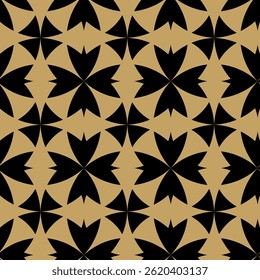 Abstract geometric pattern with crosses, stripes, lines. Seamless vector background. Black and gold ornament. Modern reticulated graphic design.