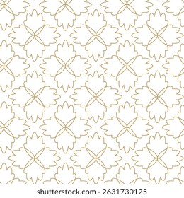 Padrão geométrico abstrato com cruzes, listras, linhas. Plano de fundo de vetor contínuo. Ornamento branco e dourado. Design gráfico reticulado moderno.