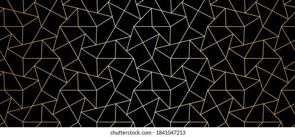 Resumen del patrón geométrico con el cruce de las líneas de zigzag doradas sobre negro. Diseño de envoltura de línea impecable. Barrera monocromática de vector fractal elegante. Rellenar fondo, grabado láser y corte.