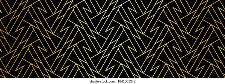 Abstract geometric pattern with crossing golden zigzag lines and polygons on black background. Seamless linear design in Art Deco style. Stylish vector texture for textile fabric and wrapping.