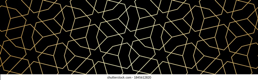 Abstract geometric pattern with crossing golden lines and stars on black background. Seamless linear design in Arabic style. Stylish vector texture for textile fabric and wrapping.