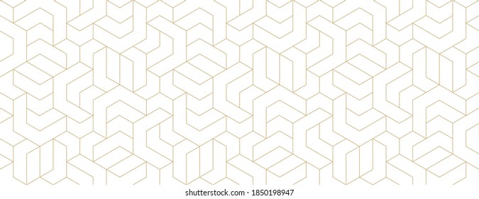 Abstraktes geometrisches Muster mit Überquerung von goldenen Linien und Chevronen auf weißem Hintergrund. Nahtloses lineares Design im Art-Deco-Stil. Stilvolle Vektorstruktur für Textilien und Umhüllung.