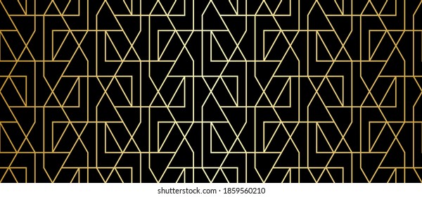 Abstract geometric pattern with crossing golden lines and polygons on black background. Seamless linear design in Art Deco style. Stylish vector texture for textile fabric and wrapping.