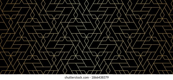 Abstract geometric pattern with crossing golden lines and polygons on black background. Seamless linear design in Art Deco style. Stylish vector texture for textile fabric and wrapping.