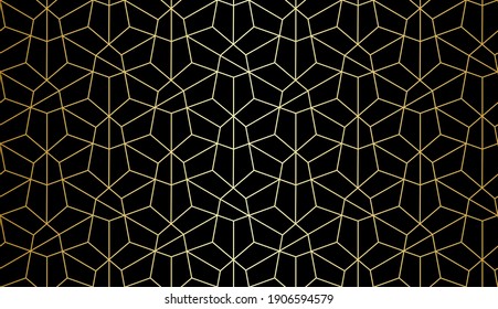 Abstract geometric pattern with crossing golden lines and polygons on black background. Seamless linear design in Art Deco style. Stylish vector texture for textile fabric and wrapping.