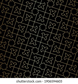 Abstract geometric pattern with crossing golden stars and flowers on black background. Seamless linear design in Art Deco style. Stylish vector texture for textile fabric and wrapping.