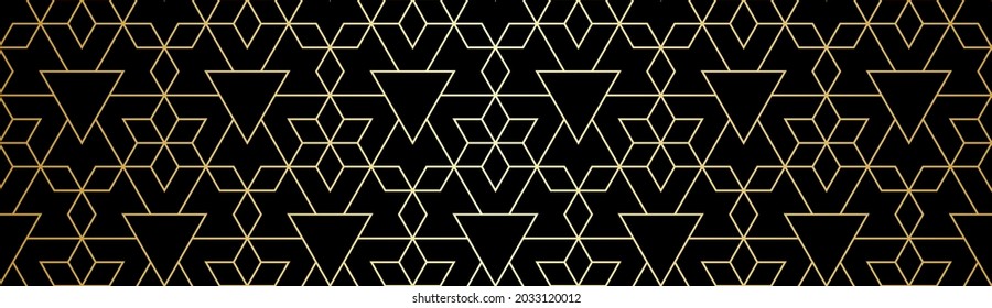 Resumen del patrón geométrico con el cruce de líneas doradas y polígonos sobre fondo negro. Diseño lineal sin inconvenientes de estilo Art Decó. Textura vectorial estilizada para tela textil y envoltura.