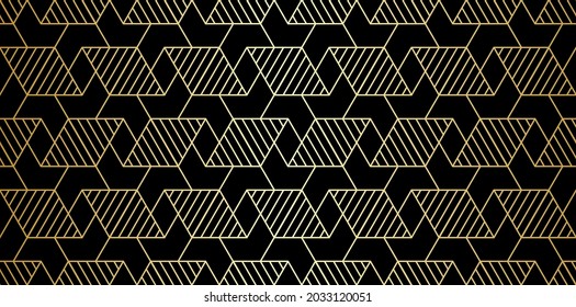 Abstraktes geometrisches Muster mit überquerenden goldenen Linien und Polygone auf schwarzem Hintergrund. Nahtloses lineares Design im Art-Deco-Stil. Stilvolle Vektorstruktur für Textilien und Umhüllung.