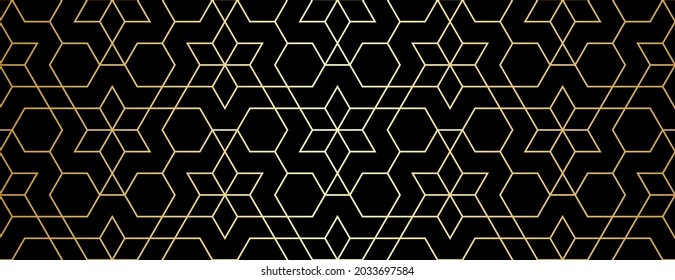 Abstraktes geometrisches Muster mit Überquerung von goldenen Linien und Sternen auf schwarzem Hintergrund. Nahtloses lineares Design im Art-Deco-Stil. Stilvolle Vektorstruktur für Textilien, Gewebe, Umhüllung. Ziergitter.