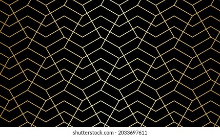 Resumen del patrón geométrico con el cruce de líneas doradas y polígonos sobre fondo negro. Diseño lineal sin inconvenientes de estilo Art Decó. Textura vectorial estilizada para tela textil y envoltura.